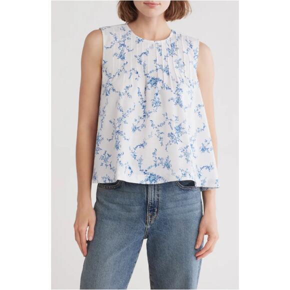 Melrose & Market Blouse Womens Size XS Blue & White Pintuck Floral Sleeveless - Picture 3 of 15
